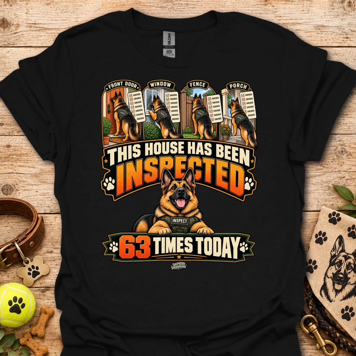 Black T-shirt with inspected-house graphic: dog, badges, 63 times today text
