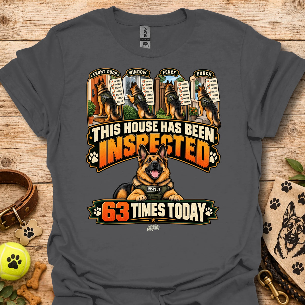 Charcoal T-shirt with inspected-house graphic: dog, badges, 63 times today text