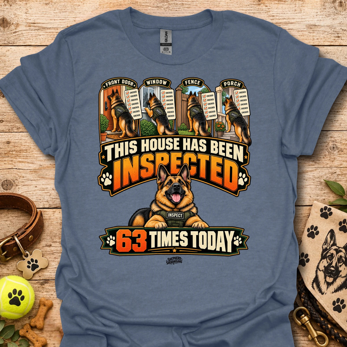Heather indigo T-shirt with inspected-house graphic: dog, badges, 63 times today text