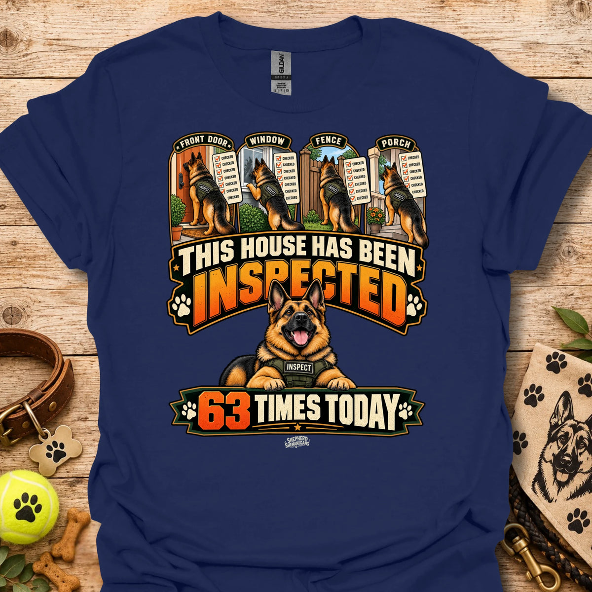 Navy T-shirt with inspected-house graphic: dog, badges, 63 times today text