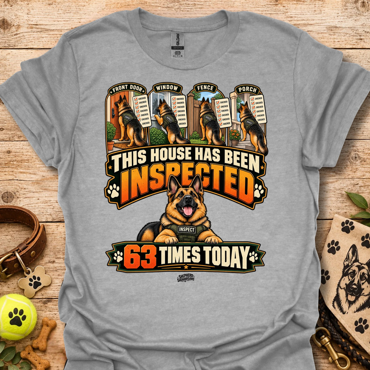 Sport grey T-shirt with inspected-house graphic: dog, badges, 63 times today text