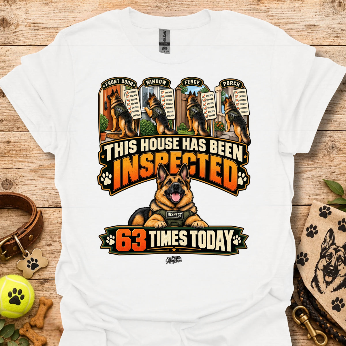 White T-shirt with inspected-house graphic: dog, badges, 63 times today text