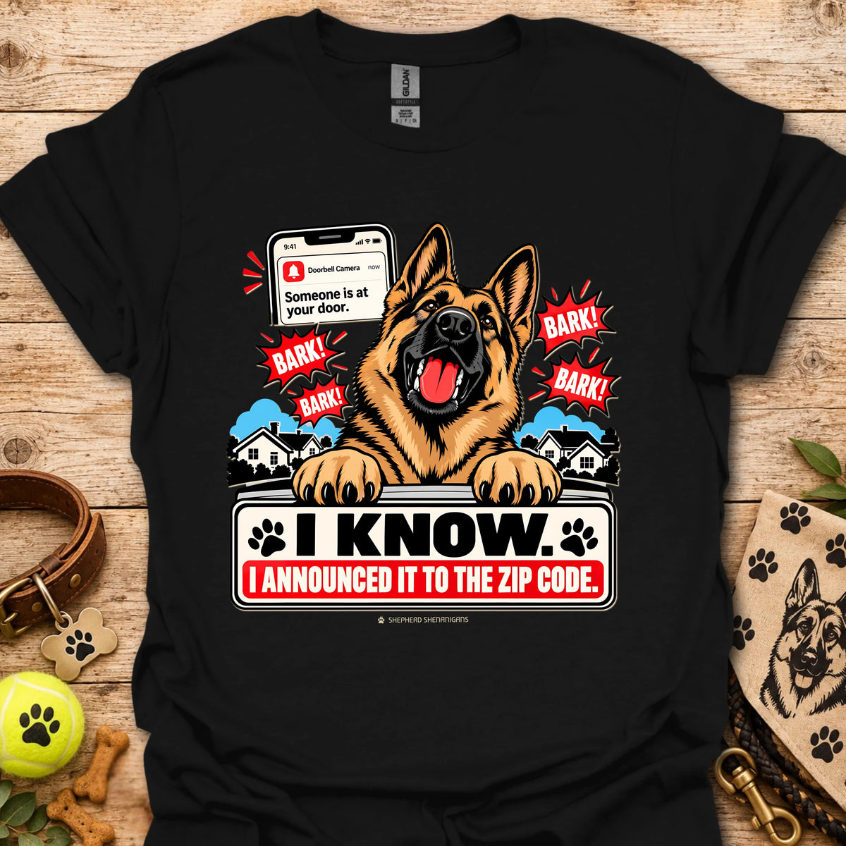 Black dog graphic t-shirt with German shepherd, paw prints, and “I KNOW” text