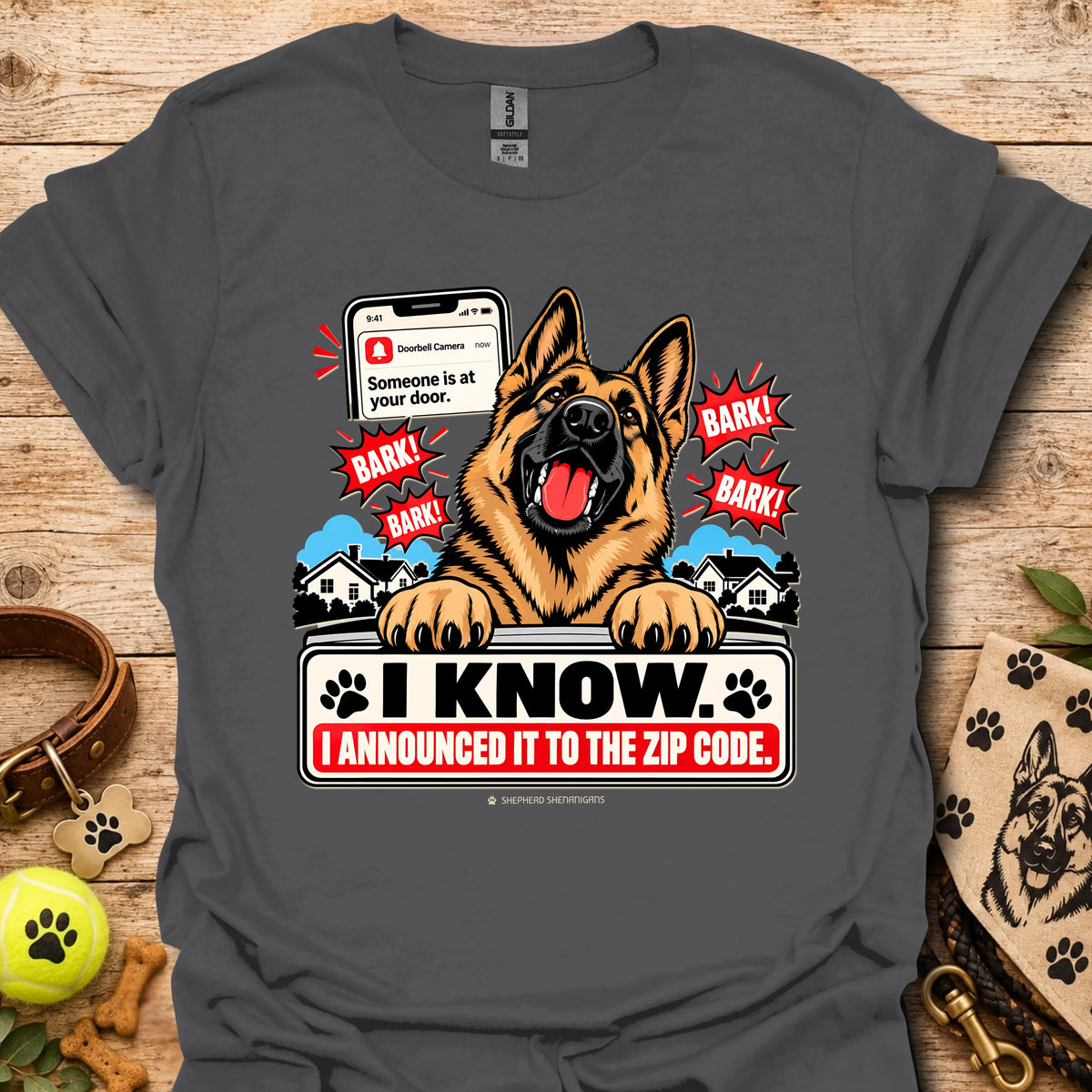 Charcoal dog graphic t-shirt with German shepherd, paw prints, and “I KNOW” text