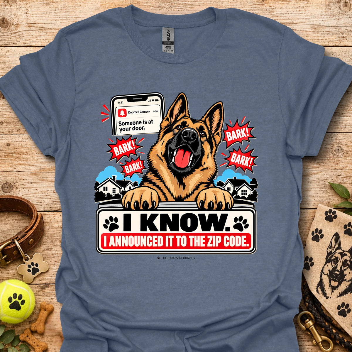 Blue dog graphic t-shirt with German shepherd, paw prints, and “I KNOW” text