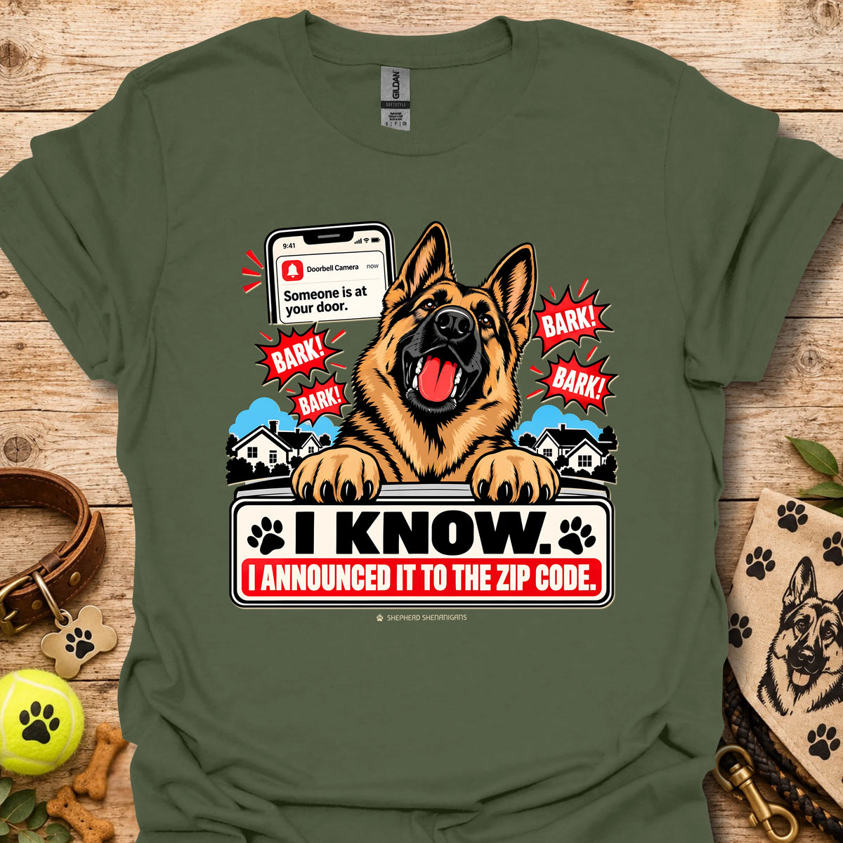 Military green dog graphic t-shirt with German shepherd, paw prints, and “I KNOW” text
