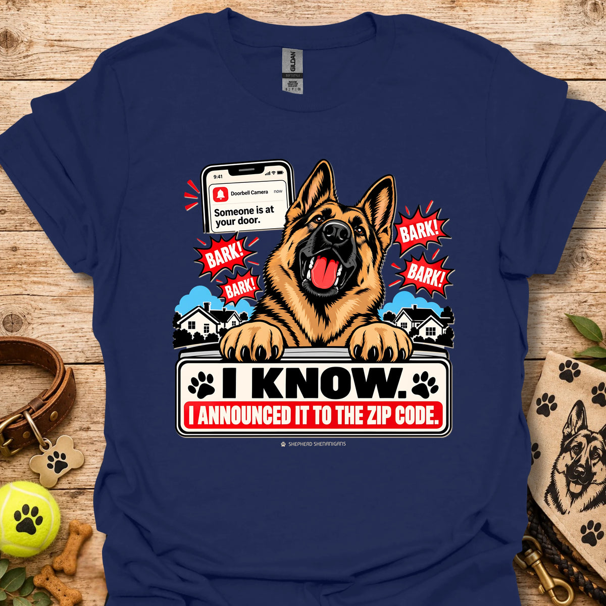 Navy dog graphic t-shirt with German shepherd, paw prints, and “I KNOW” text