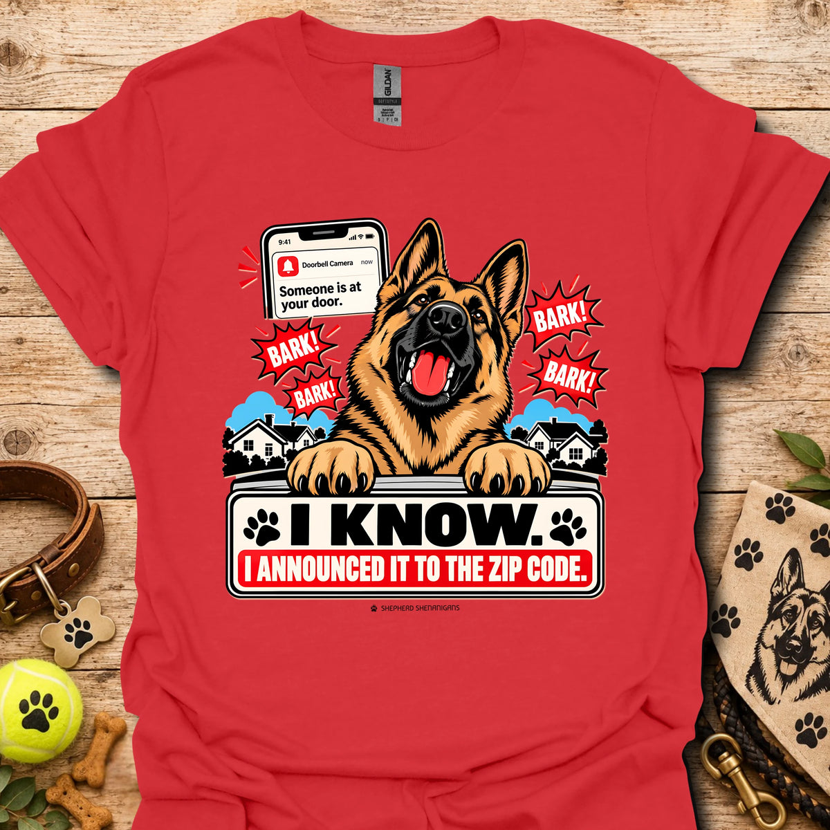 Red dog graphic t-shirt with German shepherd, paw prints, and “I KNOW” text
