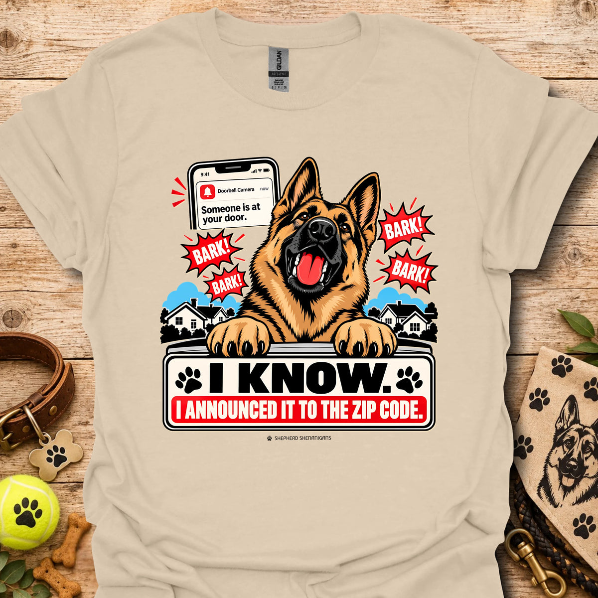 Sand dog graphic t-shirt with German shepherd, paw prints, and “I KNOW” text