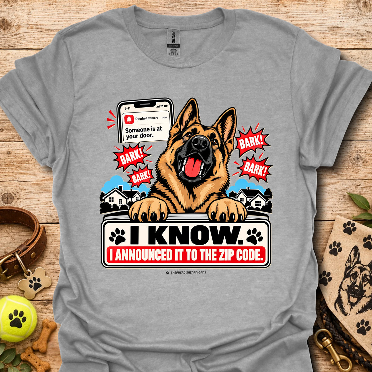 Heather gray dog graphic t-shirt with German shepherd, paw prints, and “I KNOW” text