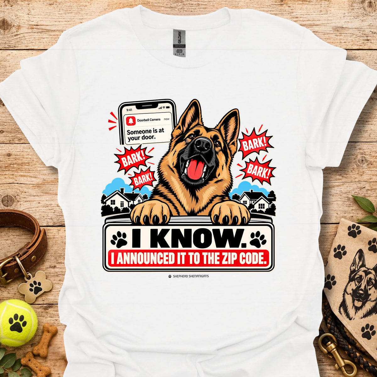 White dog graphic t-shirt with German shepherd, paw prints, and “I KNOW” text