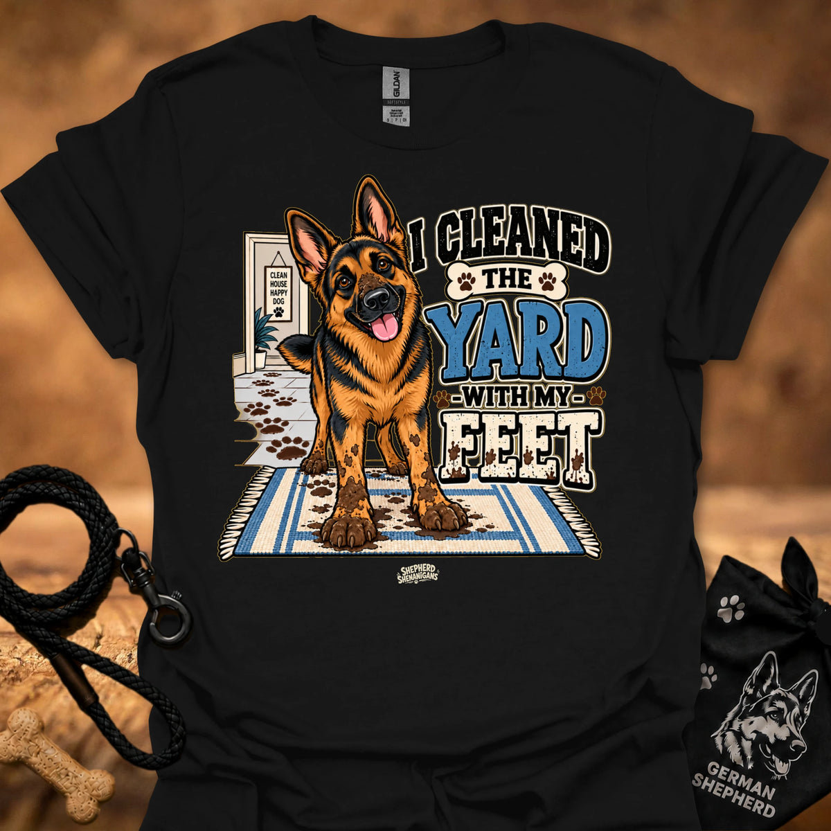 Black T-shirt with German shepherd graphic and bold yard slogan print