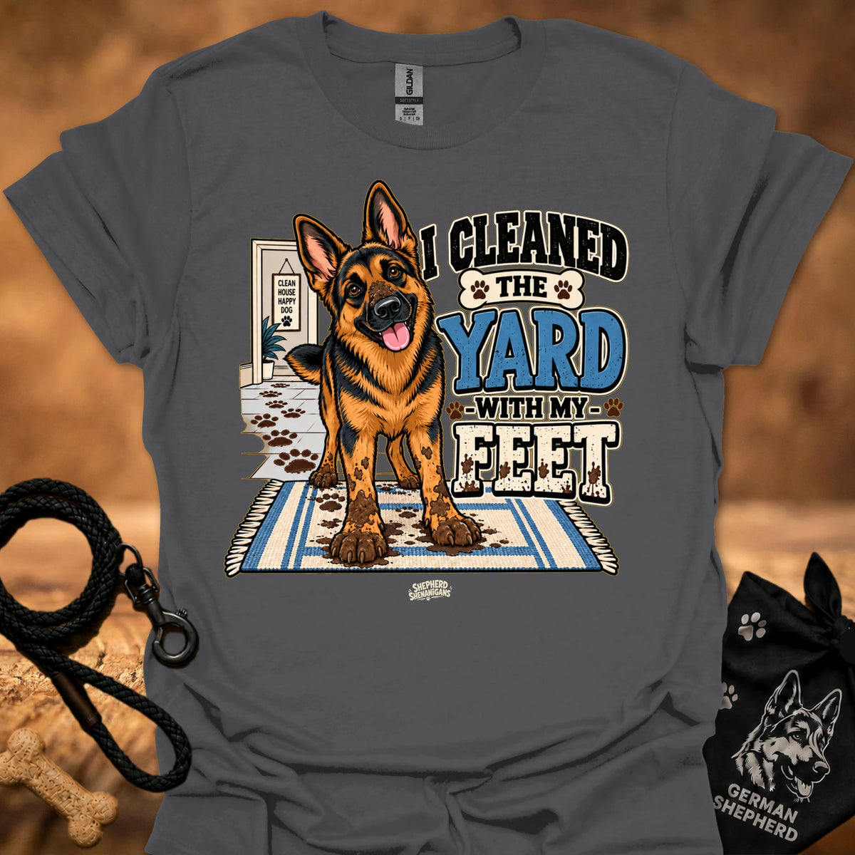 Charcoal T-shirt with German shepherd graphic and bold yard slogan print