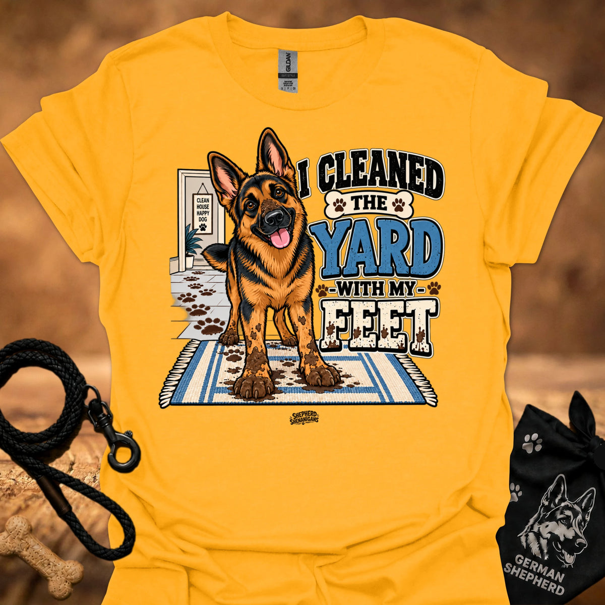 Gold T-shirt with German shepherd graphic and bold yard slogan print