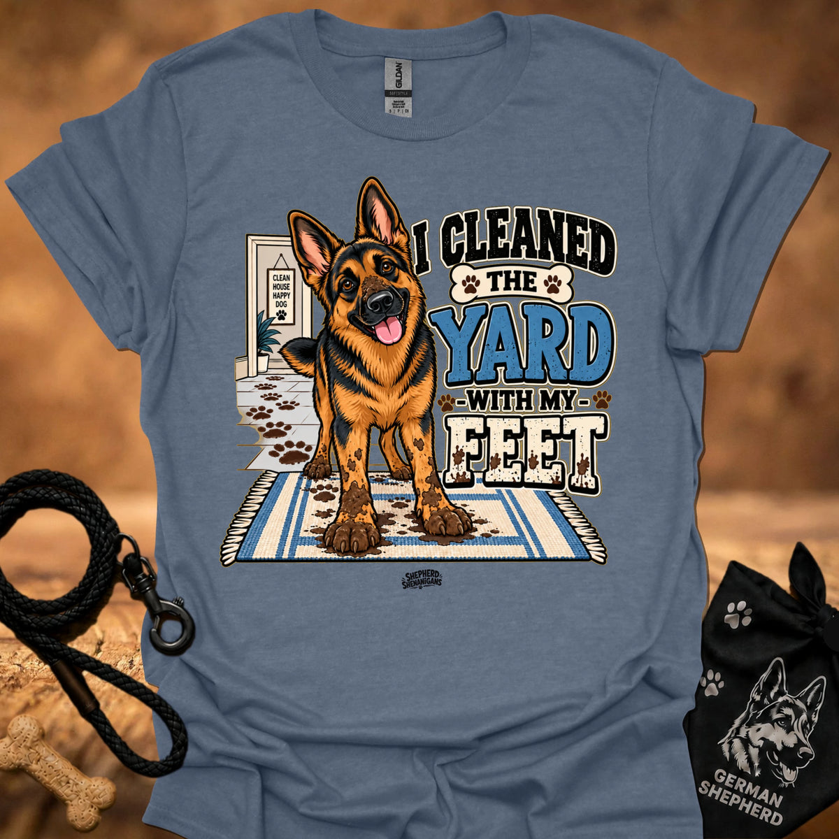 Denim blue T-shirt with German shepherd graphic and bold yard slogan print