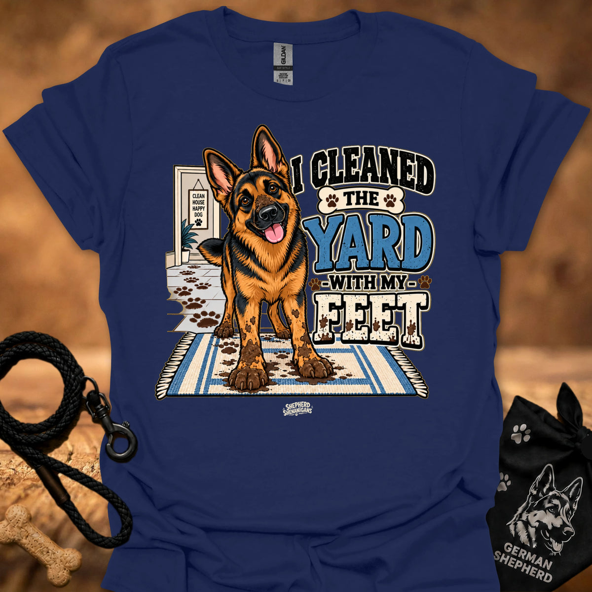 Navy blue T-shirt with German shepherd graphic and bold yard slogan print
