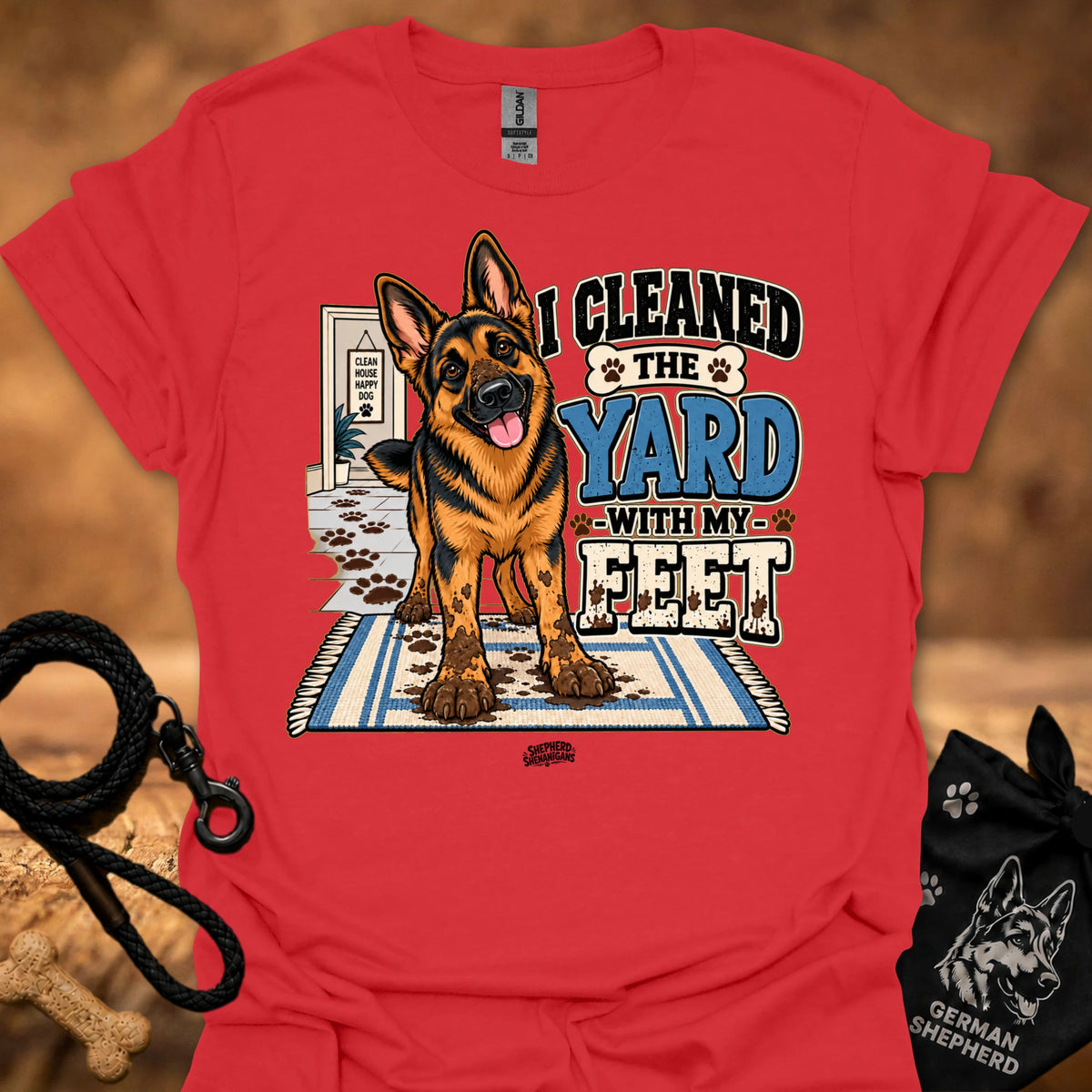 Red T-shirt with German shepherd graphic and bold yard slogan print