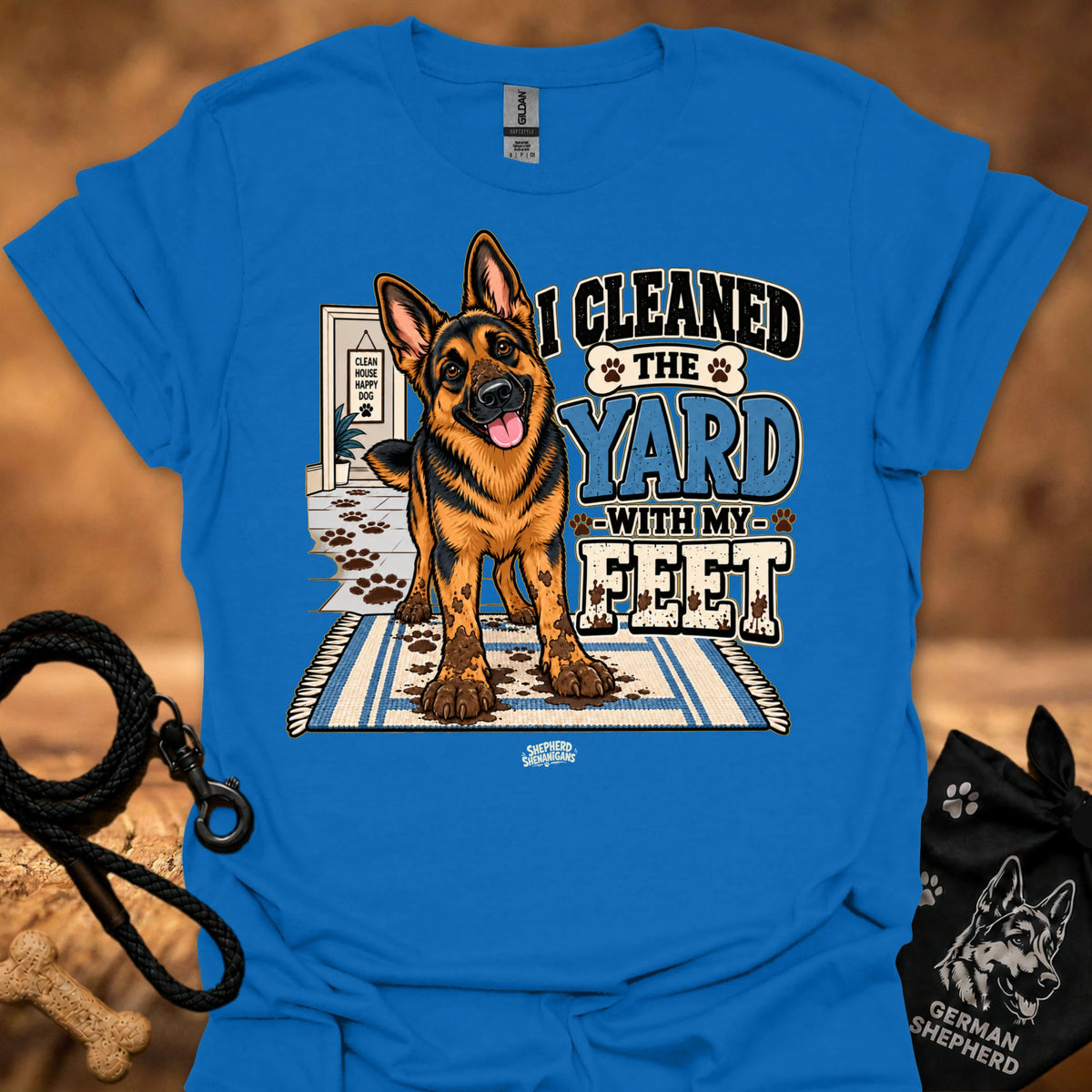 Royal blue T-shirt with German shepherd graphic and bold yard slogan print