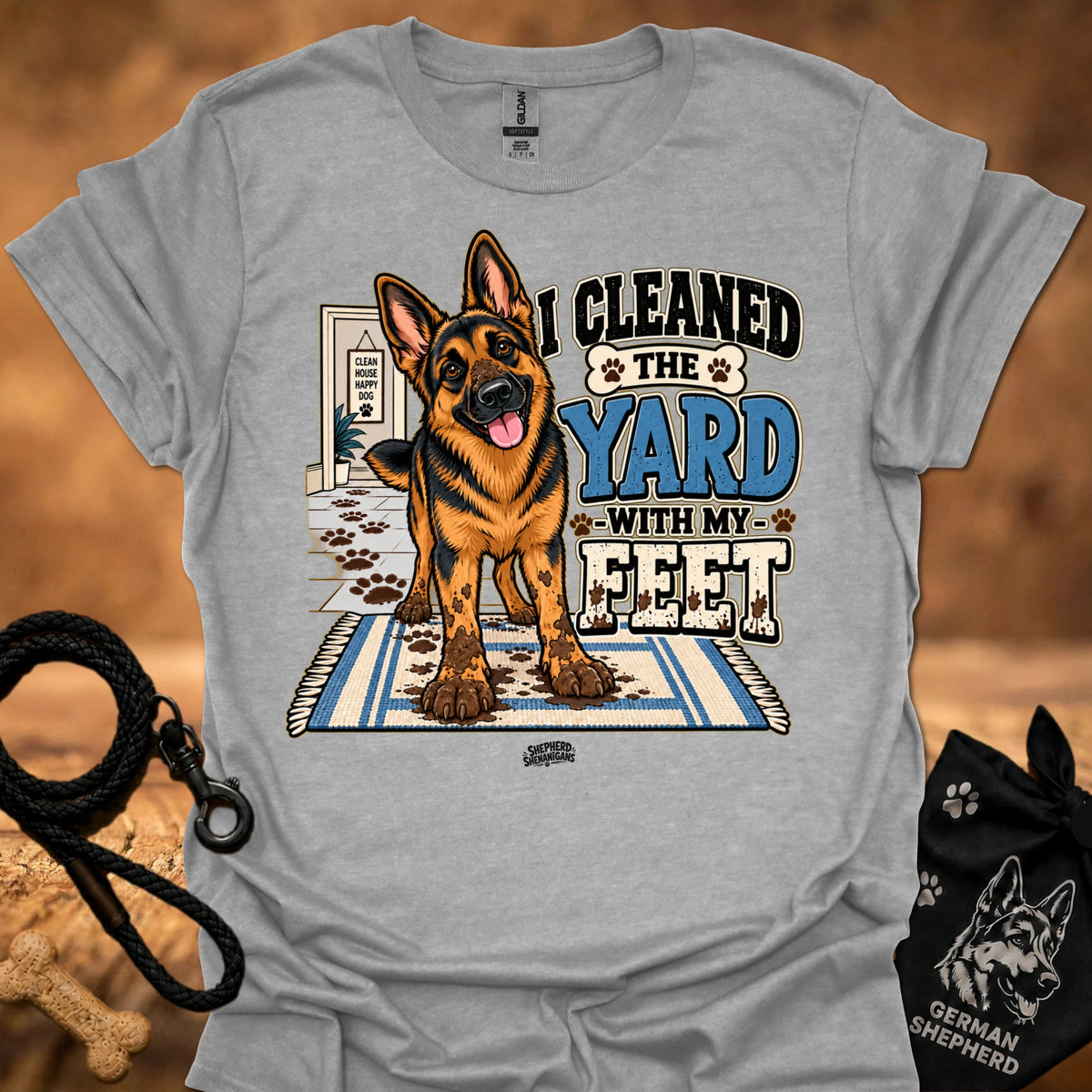 Light gray T-shirt with German shepherd graphic and bold yard slogan print