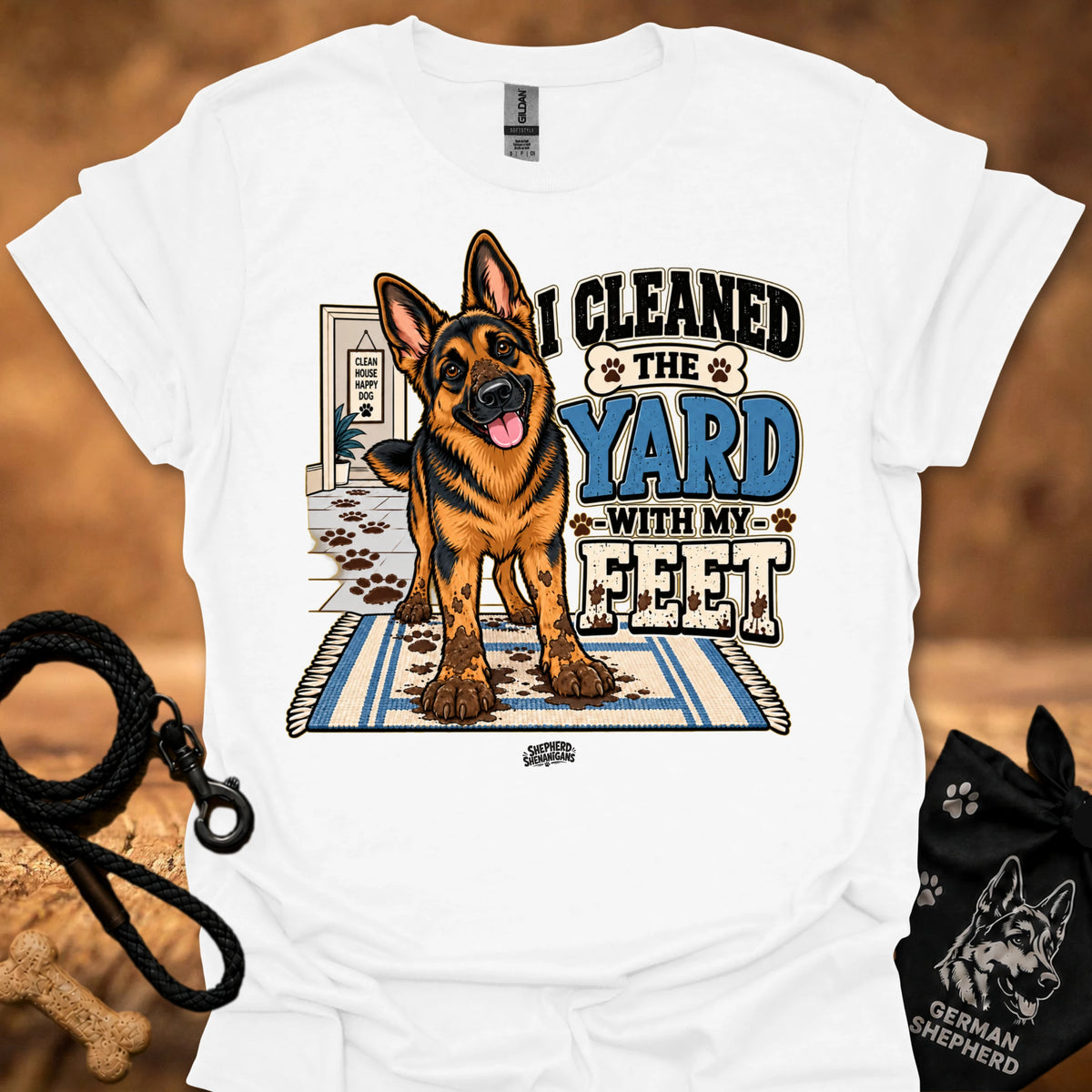 White T-shirt with German shepherd graphic and bold yard slogan print
