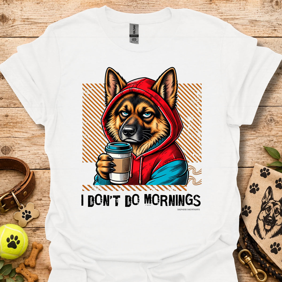 White crew-neck T-shirt with German shepherd graphic holding a coffee mug in a hoodie