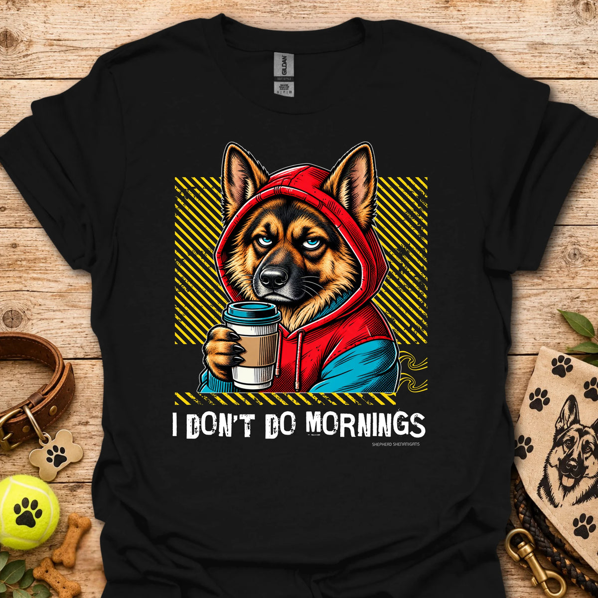 Black crew-neck T-shirt with German shepherd graphic holding a coffee mug in a hoodie