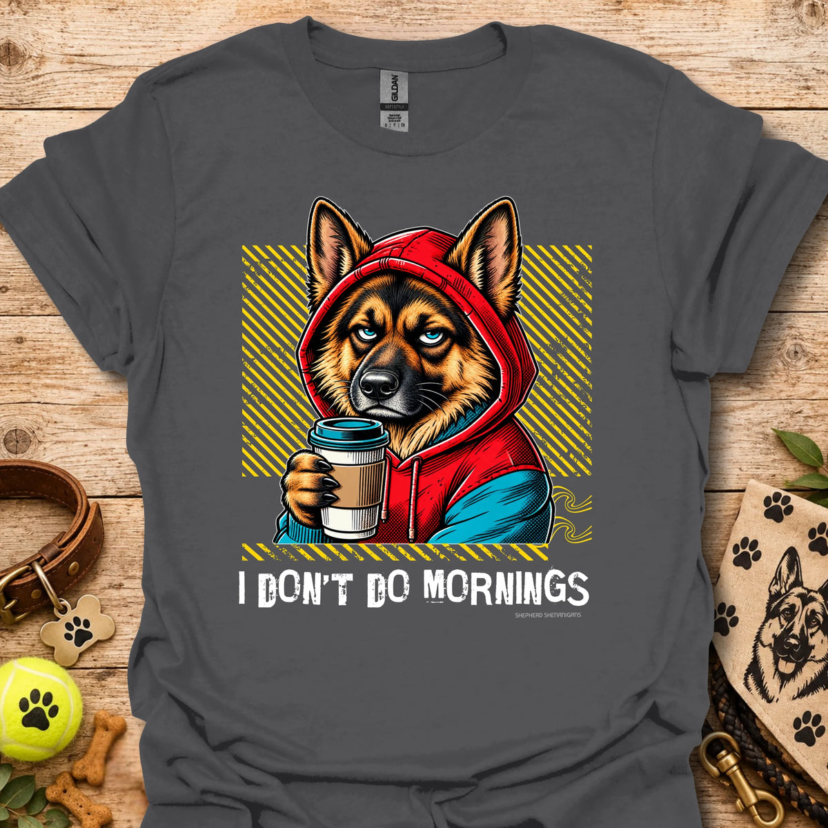Charcoal crew-neck T-shirt with German shepherd graphic holding a coffee mug in a hoodie
