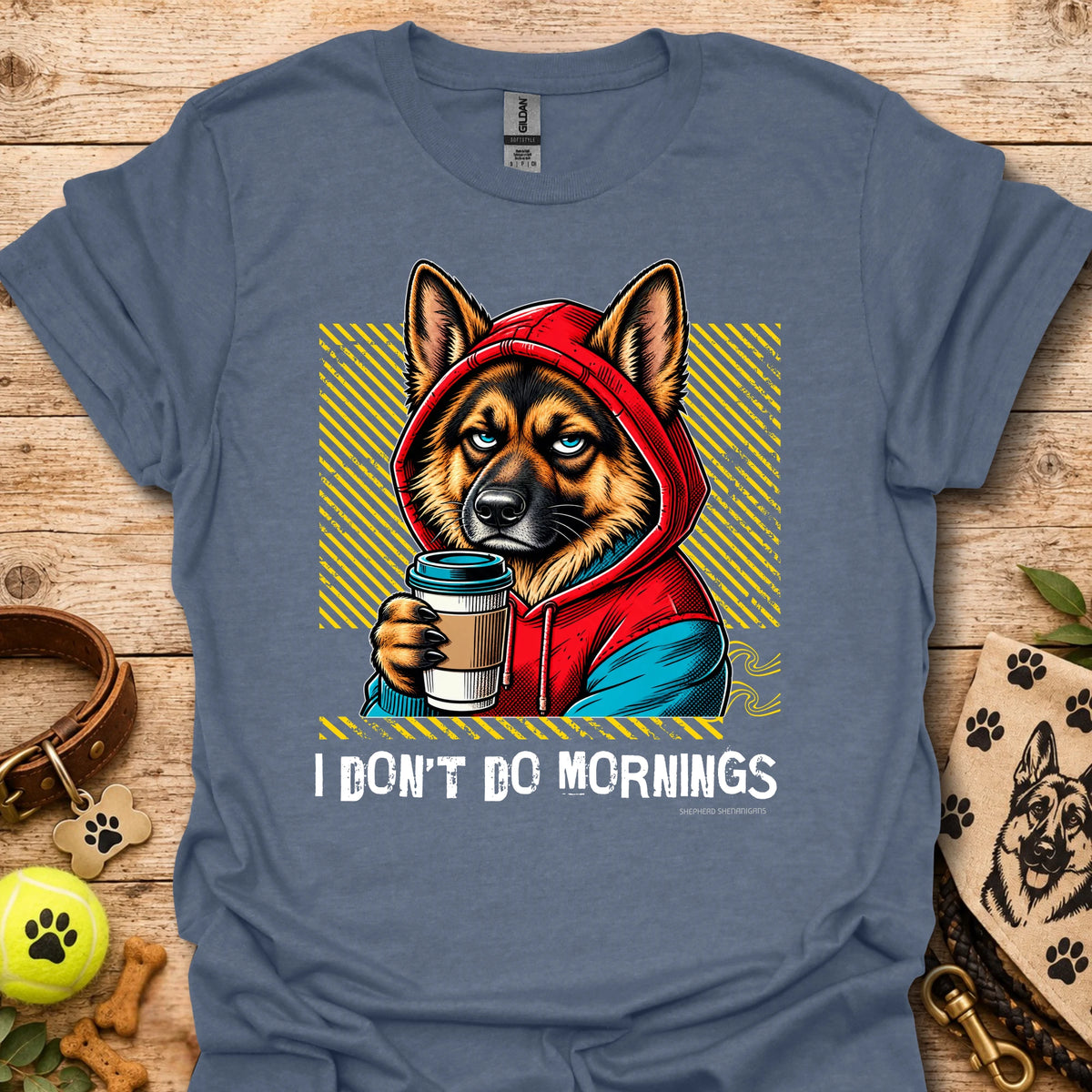 Blue crew-neck T-shirt with German shepherd graphic holding a coffee mug in a hoodie