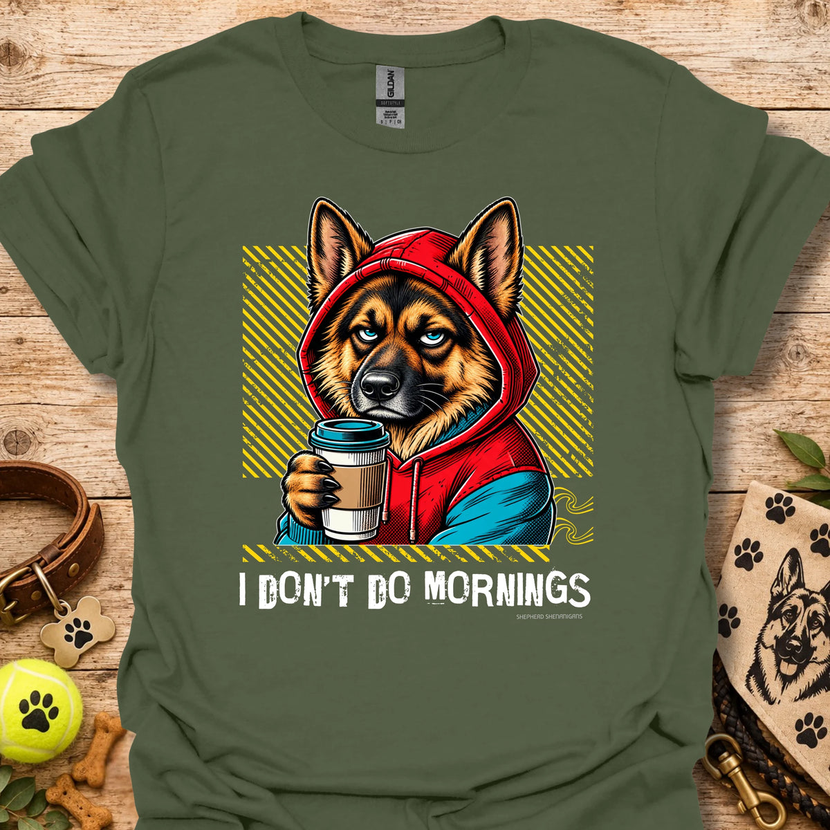 Military green crew-neck T-shirt with German shepherd graphic holding a coffee mug in a hoodie