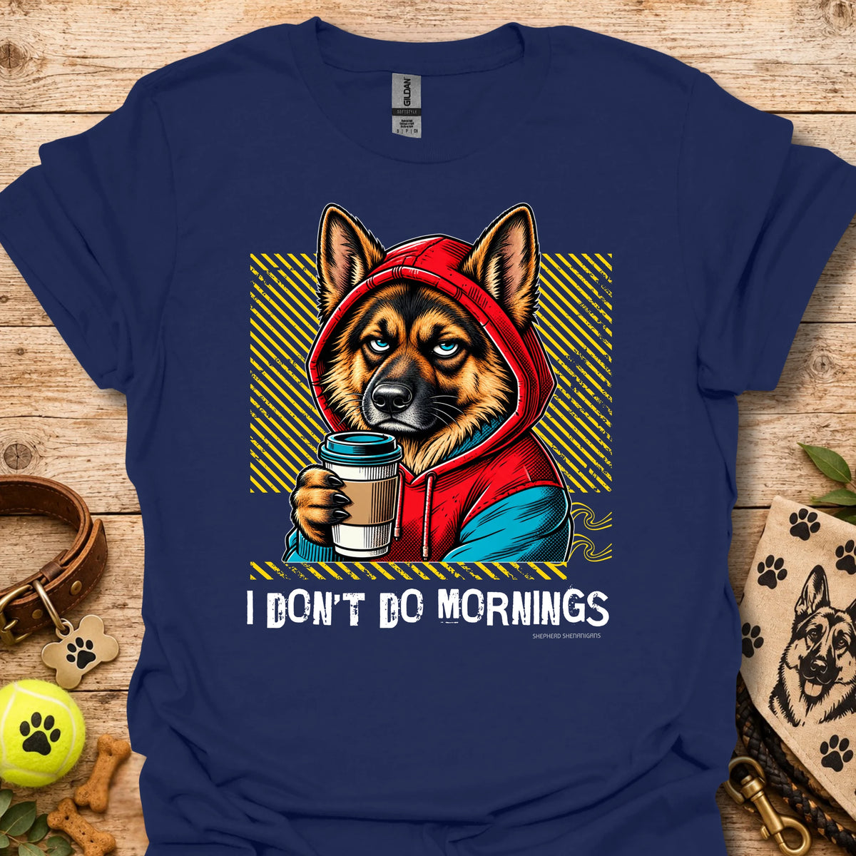 Navy crew-neck T-shirt with German shepherd graphic holding a coffee mug in a hoodie
