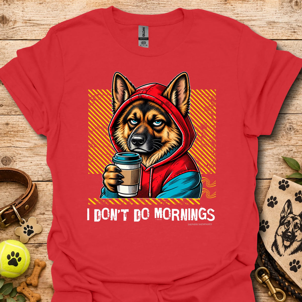 Red crew-neck T-shirt with German shepherd graphic holding a coffee mug in a hoodie