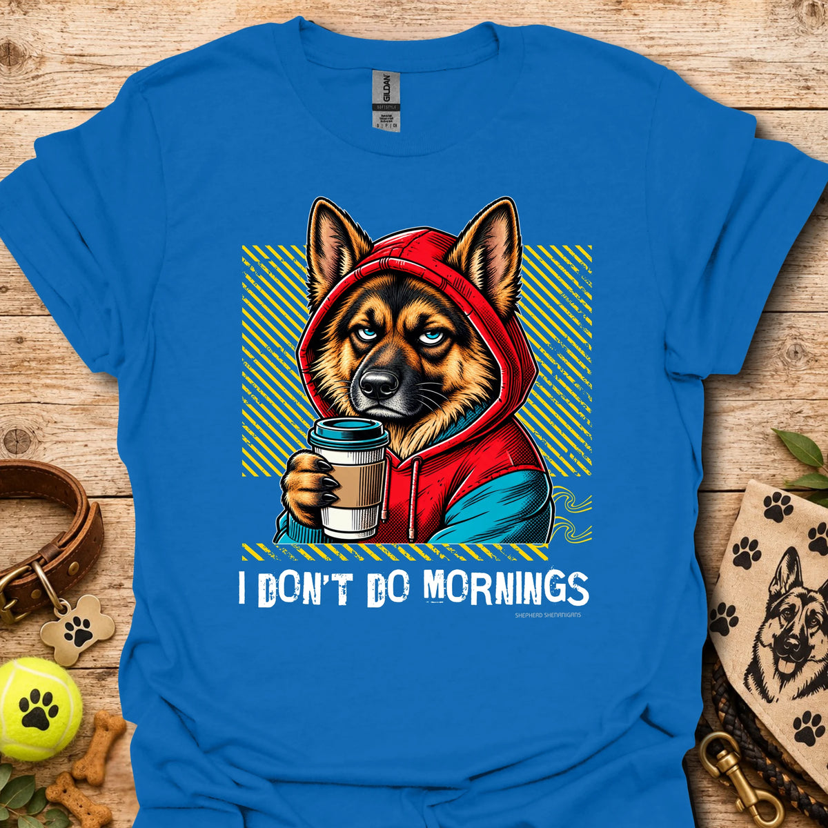 Royal blue crew-neck T-shirt with German shepherd graphic holding a coffee mug in a hoodie