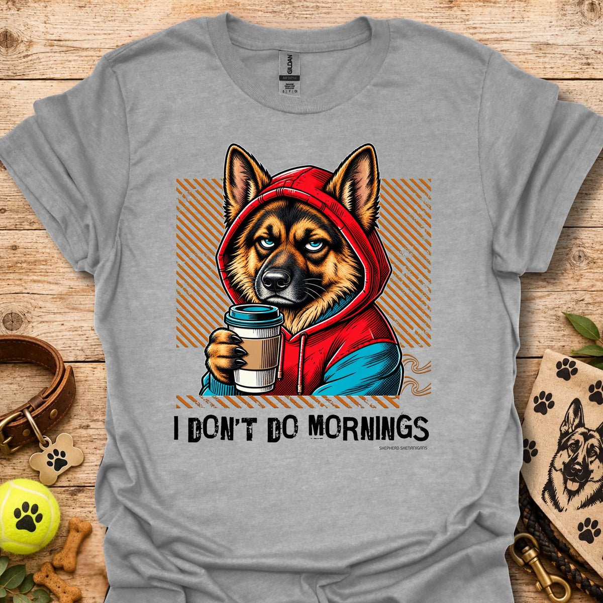 Heather gray crew-neck T-shirt with German shepherd graphic holding a coffee mug in a hoodie