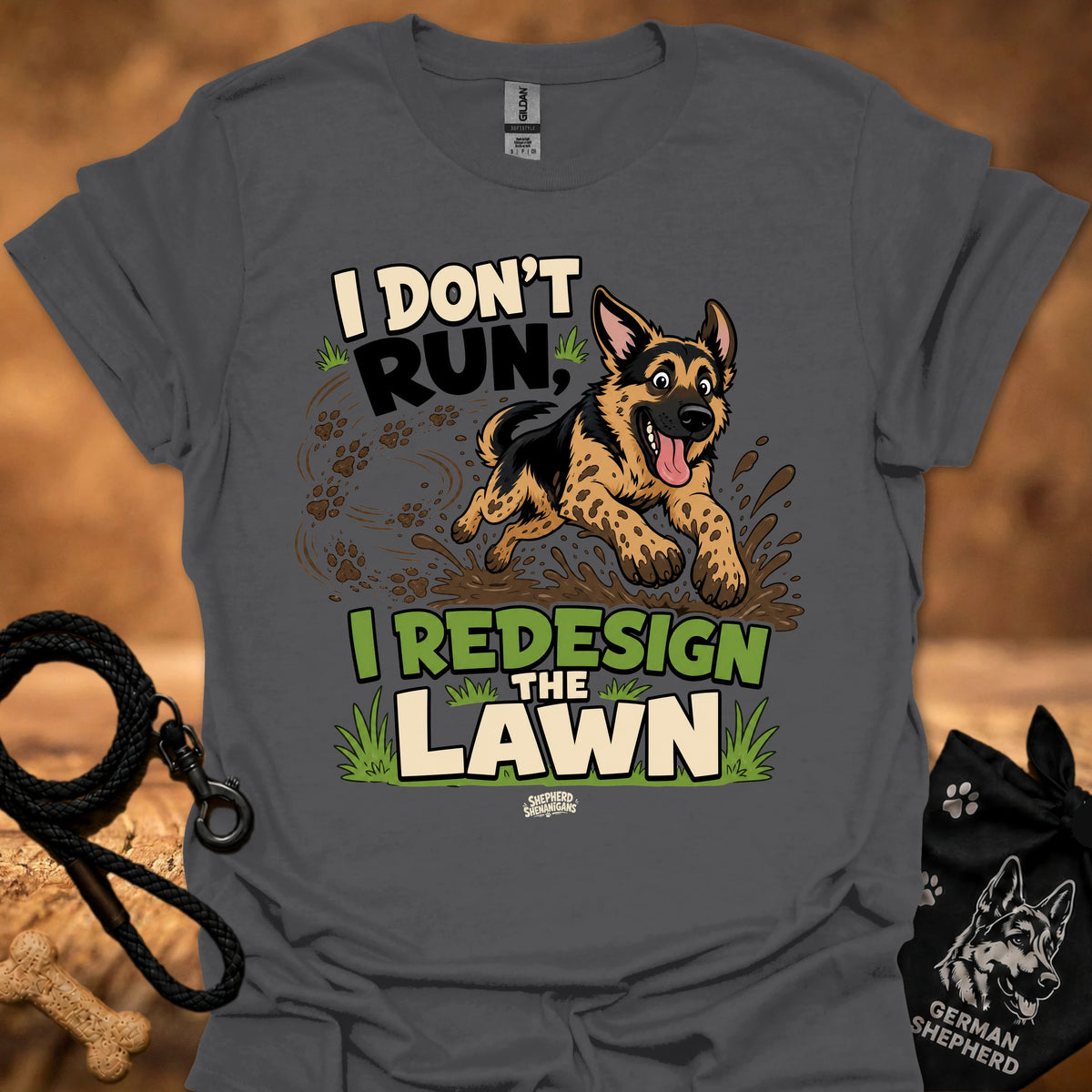 Sport grey T-shirt with running German shepherd graphic and lawn text print