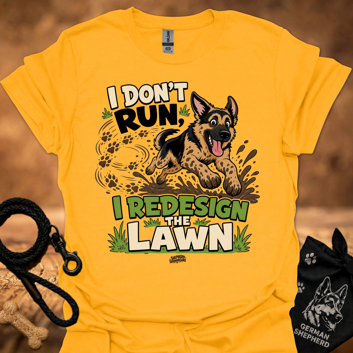 Gold T-shirt with German shepherd running graphic and lawn text print