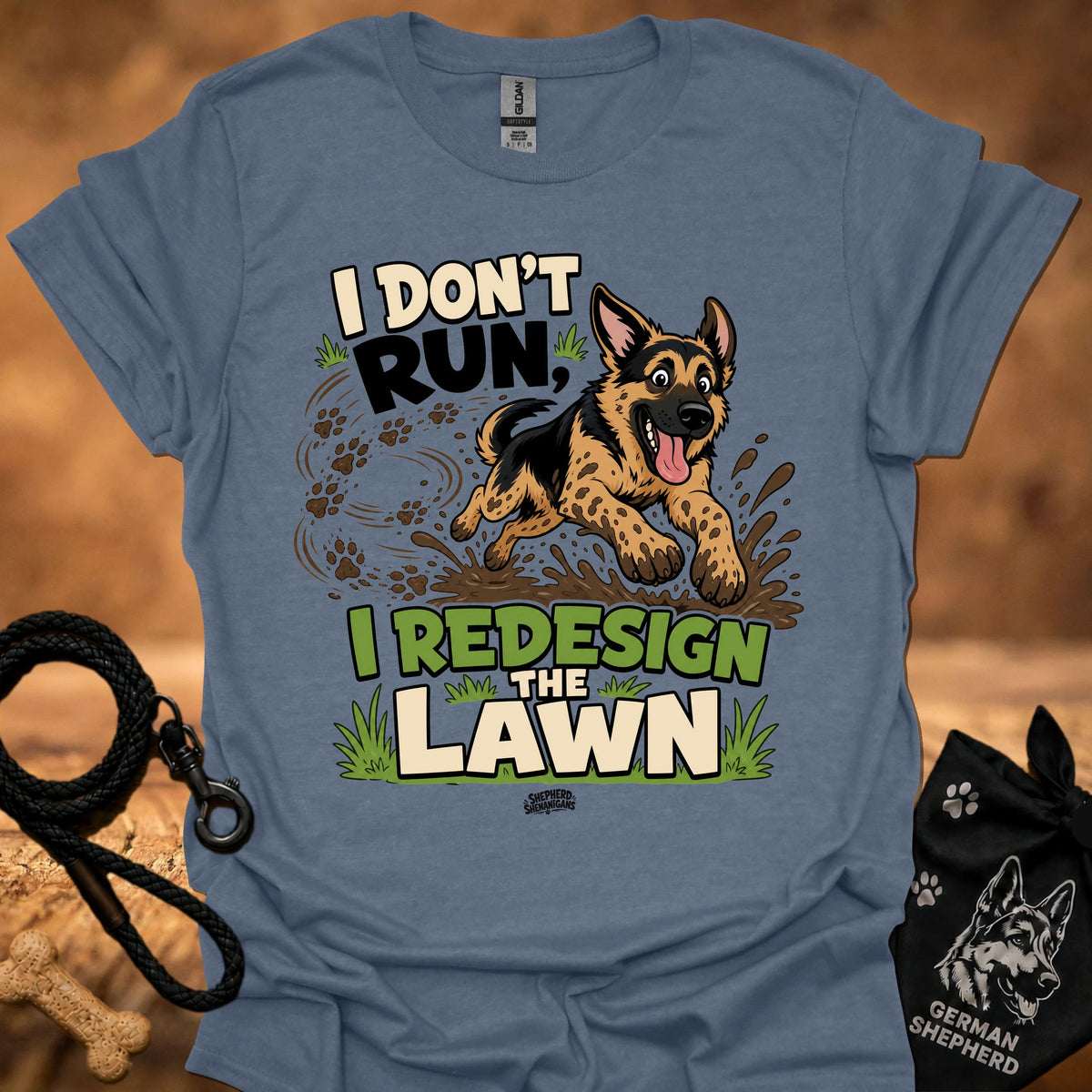 Dusty blue T-shirt with German shepherd running graphic and lawn text print