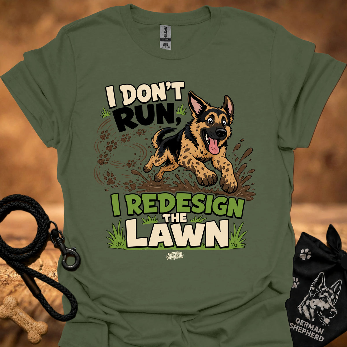 Olive green T-shirt with German shepherd running graphic and lawn text print