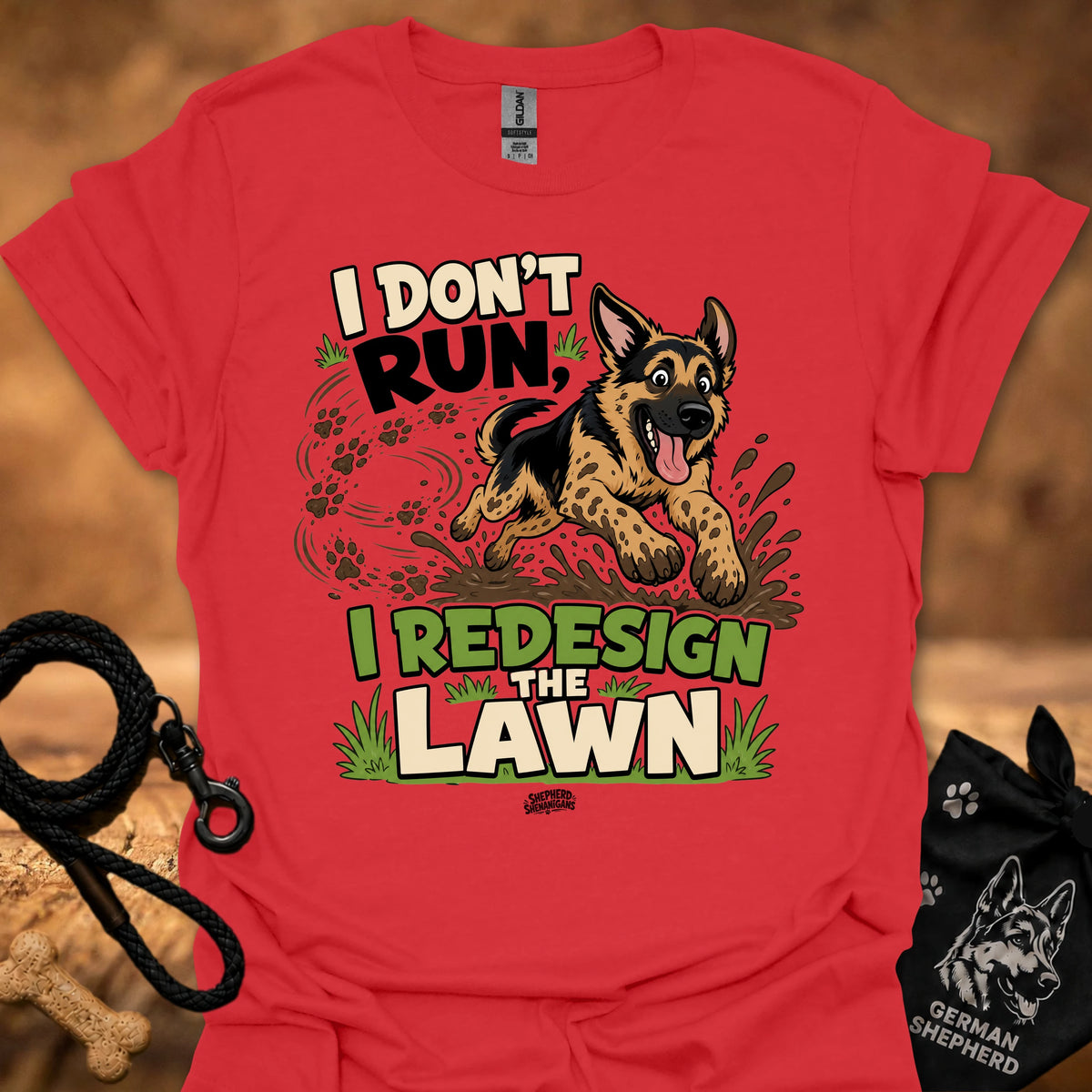 Red T-shirt with German shepherd running graphic and 'lawn' text print