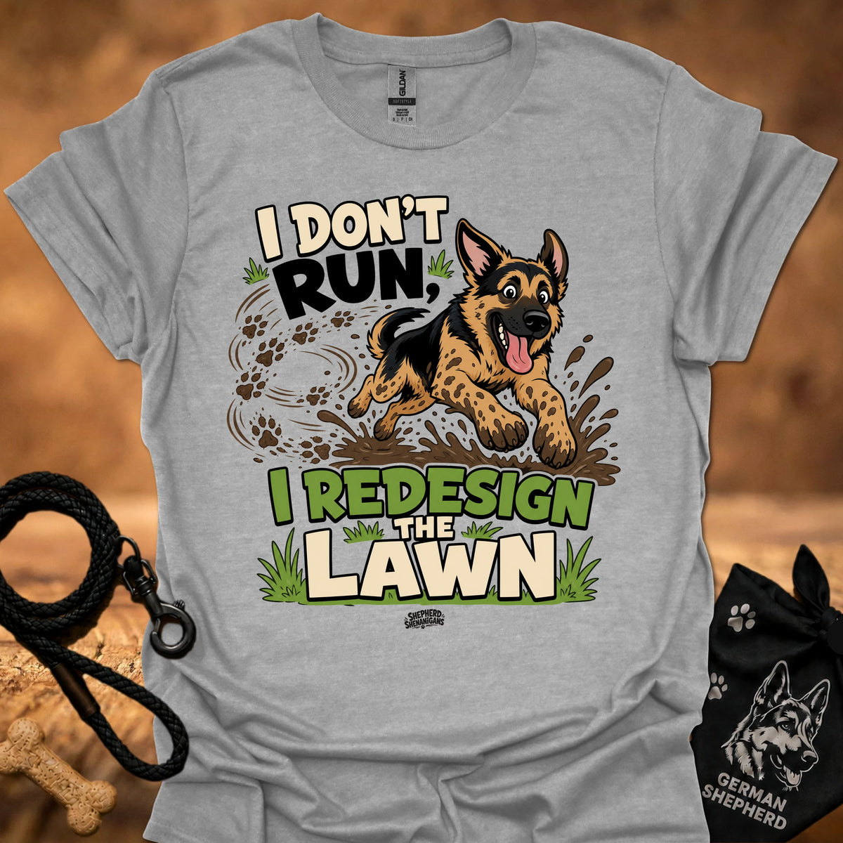 Light gray T-shirt with German shepherd running graphic and lawn text print