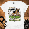 White T-shirt with German shepherd running graphic and lawn text print