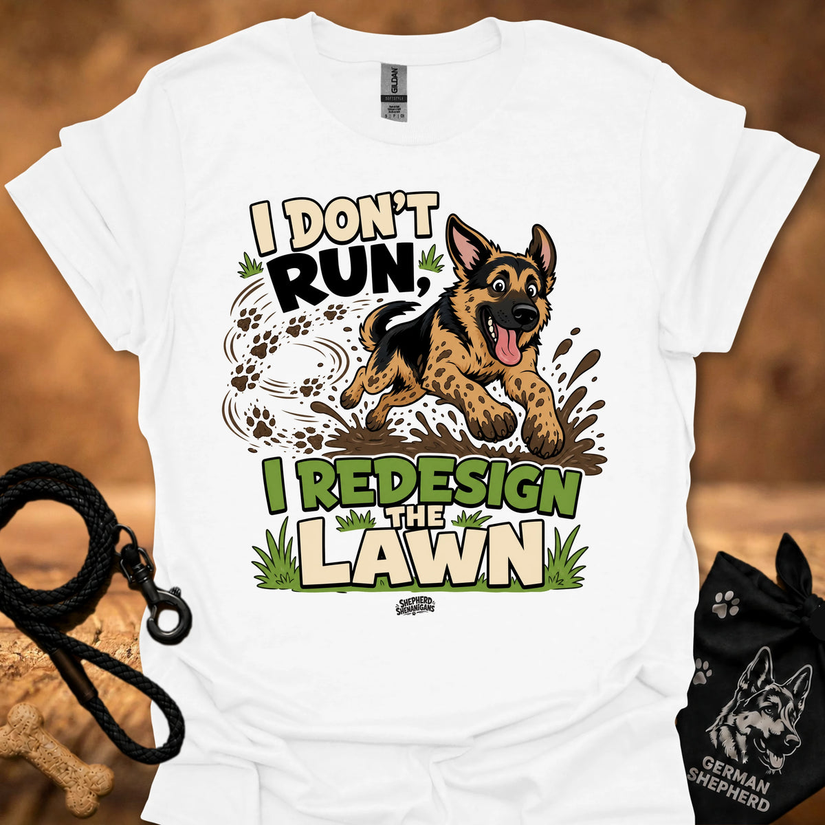 White T-shirt with German shepherd running graphic and lawn text print