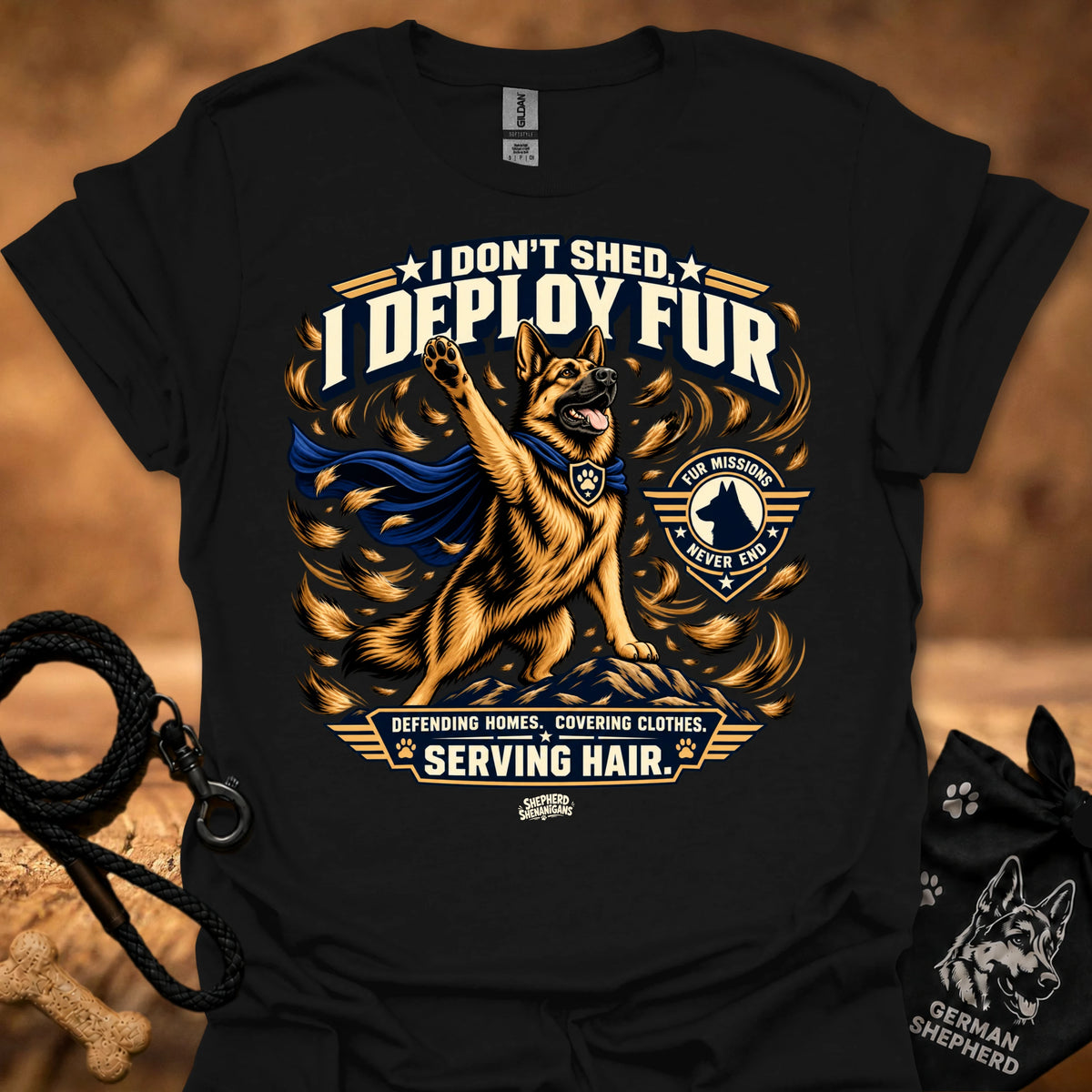 Black crew-neck T-shirt with dog "I DON'T SHED DEPLOY FUR" graphic