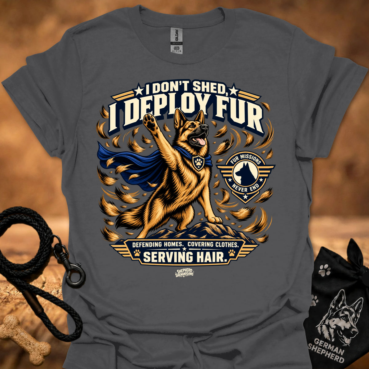 Dark gray crew-neck T-shirt with dog "I DON'T SHED DEPLOY FUR" graphic