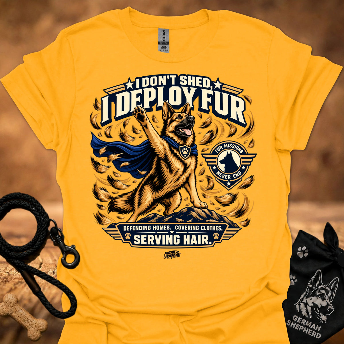 Red crew-neck T-shirt with dog "I DON'T SHED DEPLOY FUR" graphic
