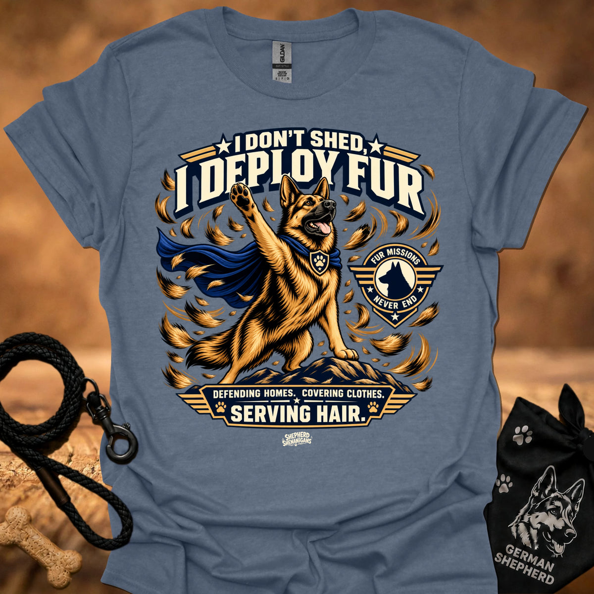 Charcoal crew-neck T-shirt with dog "I DON'T SHED DEPLOY FUR" graphic