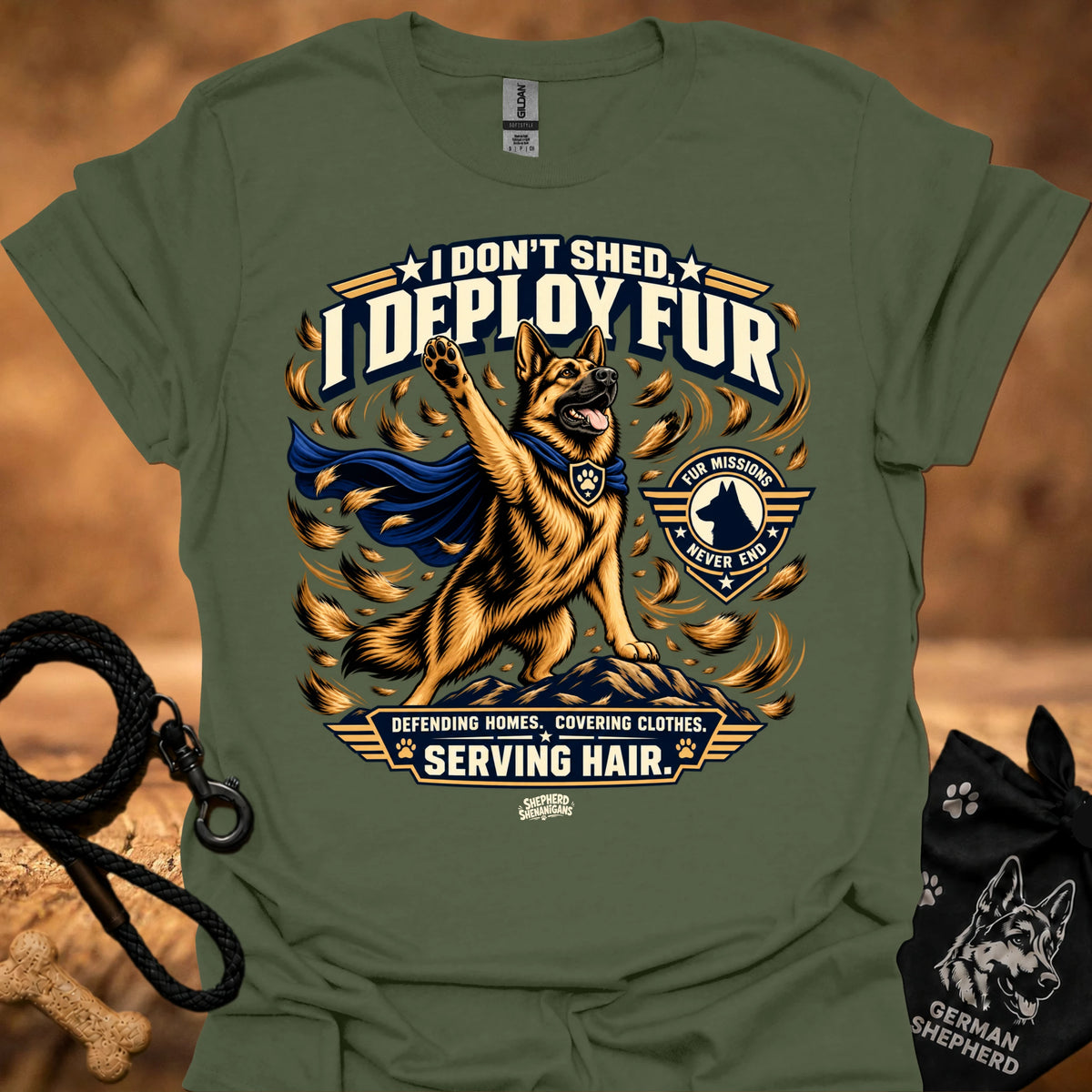 Military green crew-neck T-shirt with dog "I DON'T SHED DEPLOY FUR" graphic