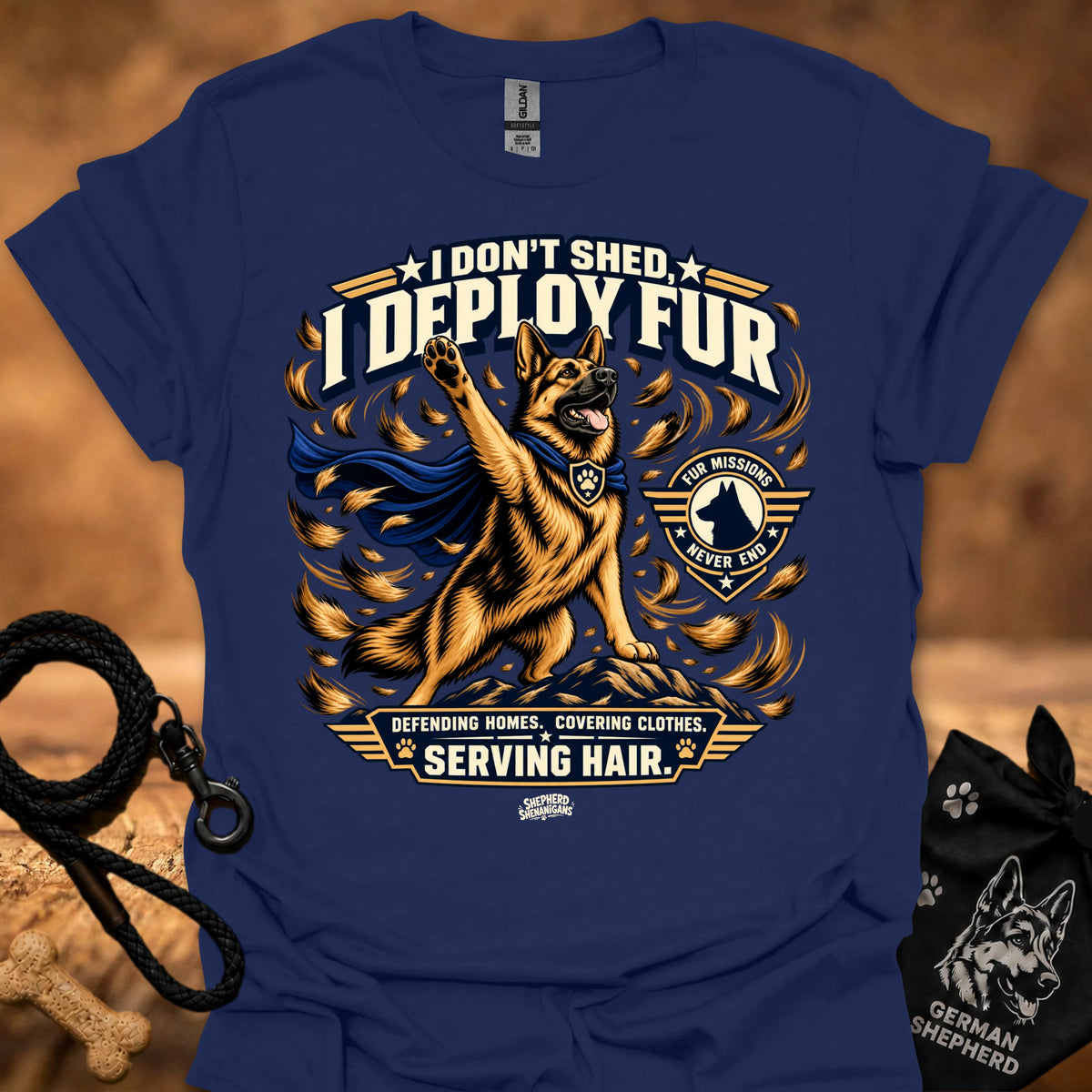 Navy crew-neck T-shirt with dog "I DON'T SHED DEPLOY FUR" graphic
