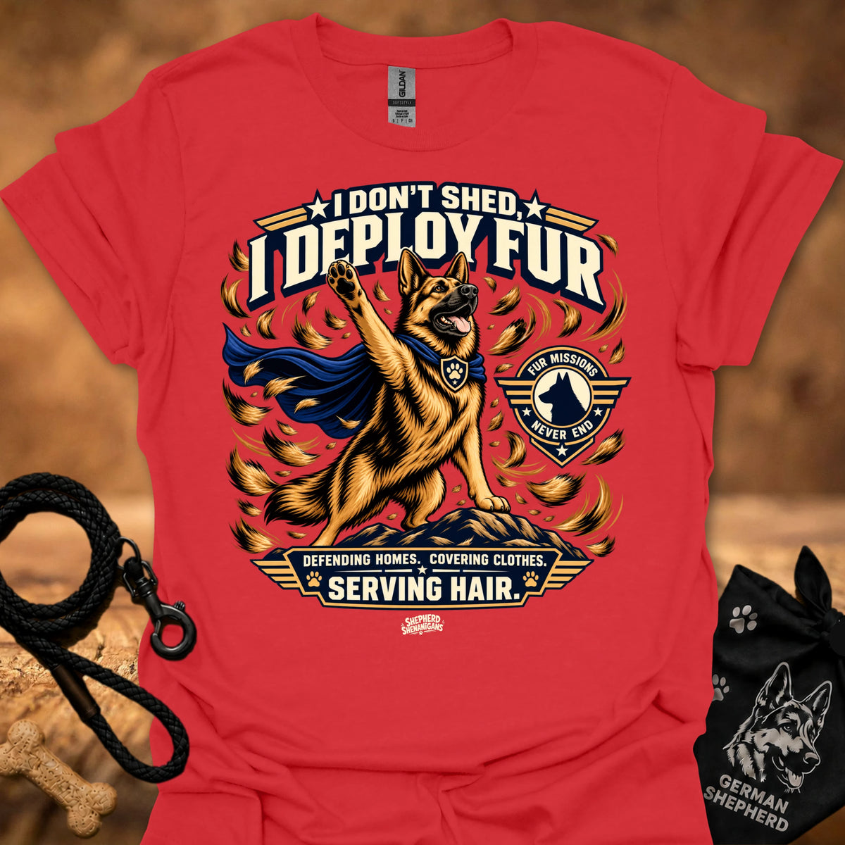 Red crew-neck T-shirt with dog "I DON'T SHED DEPLOY FUR" graphic