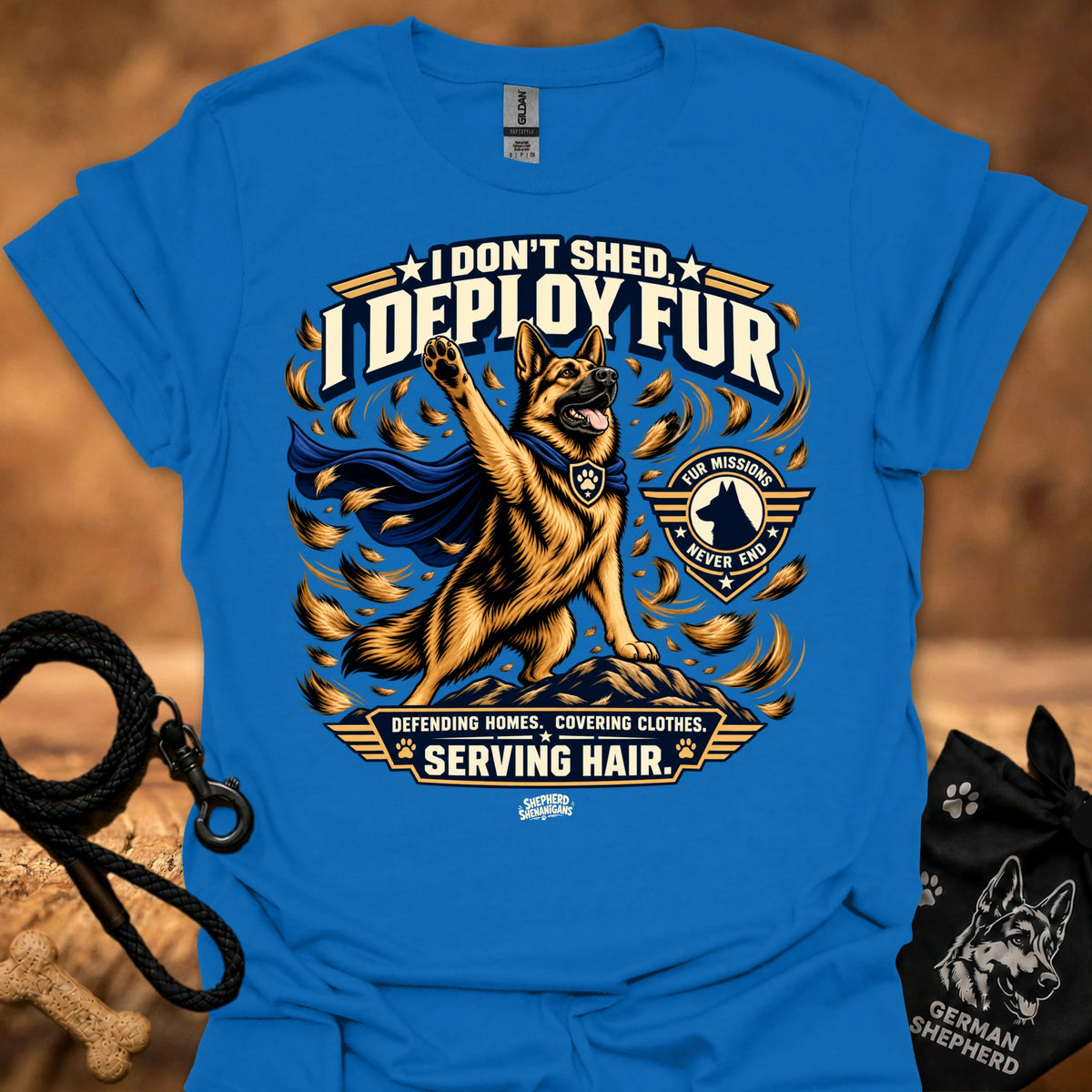 Royal blue crew-neck T-shirt with dog "I DON'T SHED DEPLOY FUR" graphic