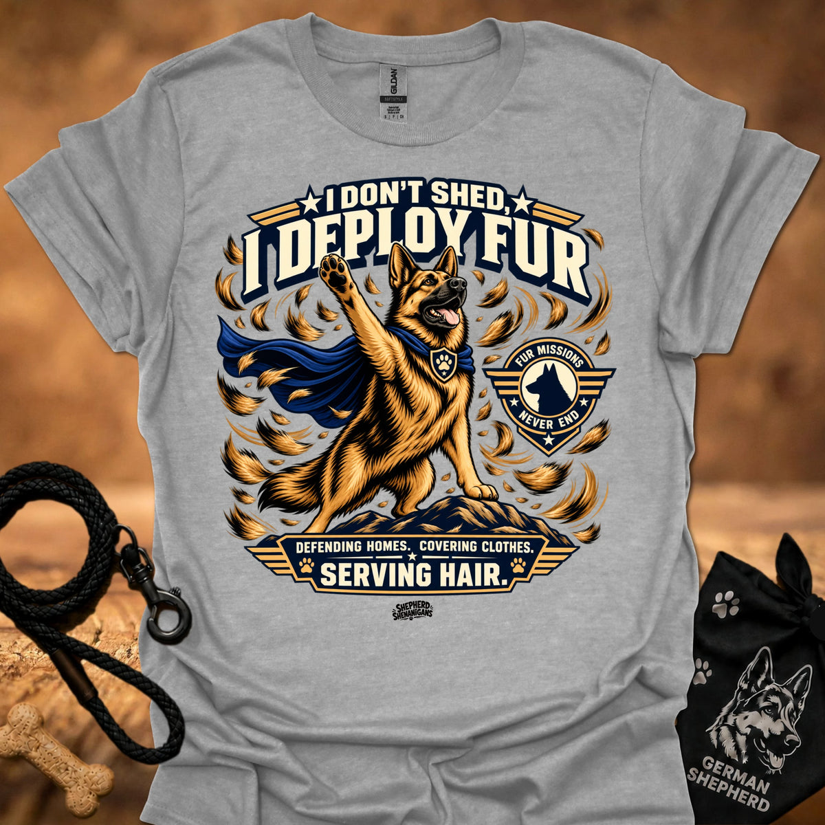 Sport gray crew-neck T-shirt with dog "I DON'T SHED DEPLOY FUR" graphic